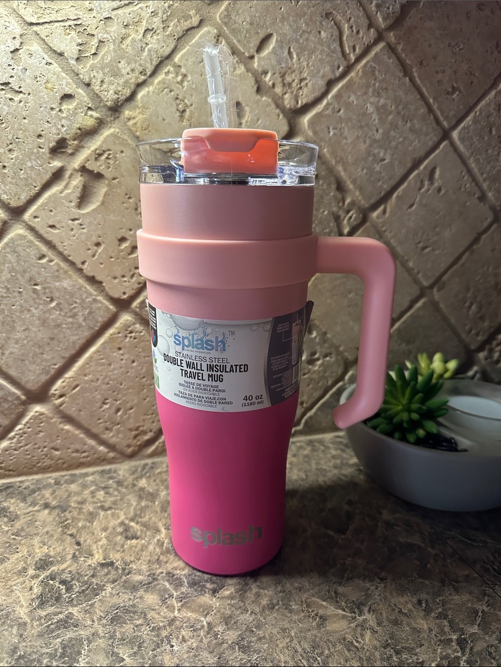 Splash Two-Tone Pink 40oz Insulated Travel Mug with Handle